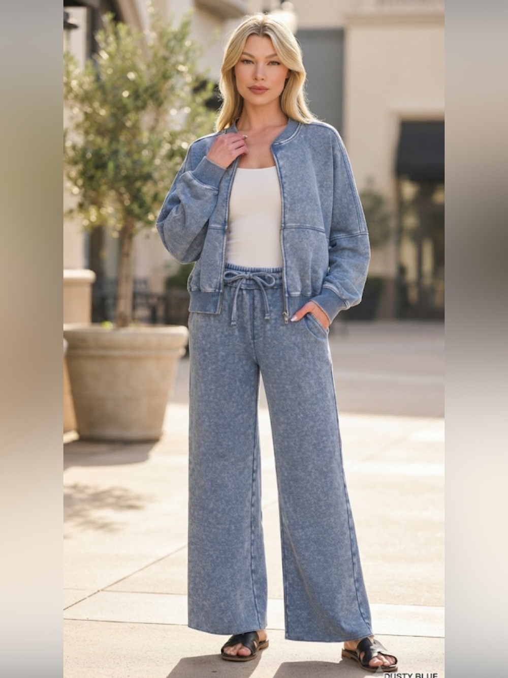 99 ❤️ Zenana dusty blue ACID WASHED FLEECE JACKET AND PANT SET